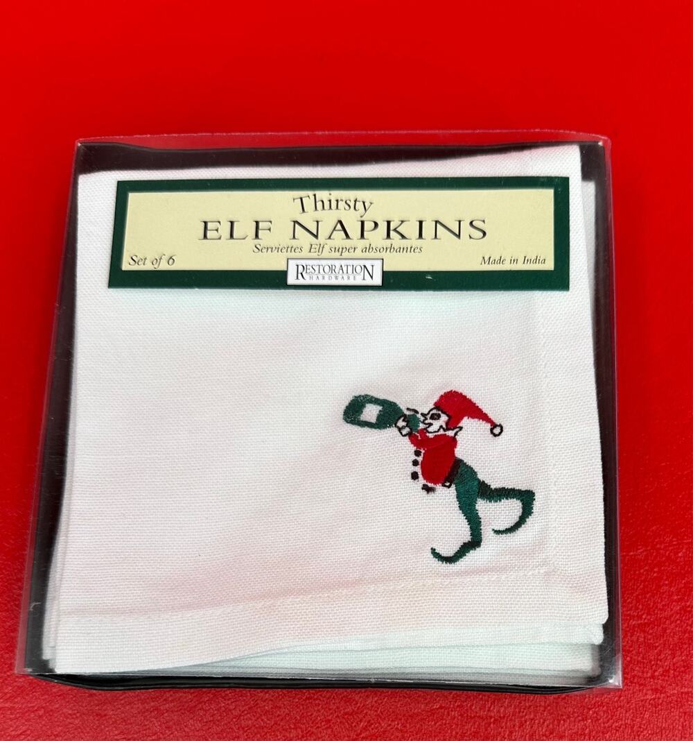 Restoration Hardware Thirsty Christmas Elf Cotton Cocktail Napkins set of 6 NEW